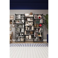 Asra Trend Kül Gri METALK03 3 Modüllü 17 Raflı Metal Kitaplık 165 cm Geniş Modern Salon Kütü