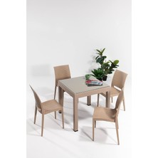 Rattan Small Camlı Cappucino Masa Takımı Bahçe&balkon 1 Camlı Masa + 4 Sandalye