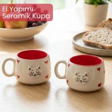 Pawicci 2'li El Yapımı Seramik Kupa Seti, Kedi Desenli Kalp Motifli Stoneware Mug, 200 Ml, Kırmı