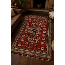 Ruyan Narhan Nostaljik Kırmızı Saçaklı Kilim Dokulu Robot Süpürgeye Uyumlu Oturma Odası Salon Halısı
