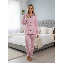 Pijamask Kadın Boydan Düğmeli Çizgili 2'li Pijama Takım