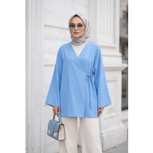 Uslular Mavi Kruvaze Yaka Yandan Bağlamalı Kimono Tunik