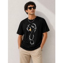 Hace Bazaar Erkek Kuğu Figürlü Soru Işareti Baskılı Tişört Kısa Kol T-Shirt - Siyah