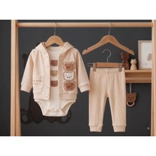 Mini Pakel Waffle Ayı Nakışlı Unisex Bebek Takım 0-3 Ay 3-6 Ay 6-9 Ay 9-12 Ay 3'lü Bebek Takım Çıtçıtlı Pamuklu Yenidoğan Bebek Takım