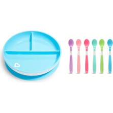 Munchkin Sabit Vakumlu Beslenme Tabağı | 6 Ay+, 3 Bölmeli Mavi ve Yumuşak Uçlu 6'lı Renkli Bebek Kaşıkları 2li Set