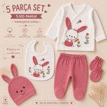 WinterSun Baby 5 Parça Hastane Çıkışı Seti %100 Pamuk Tavşan Desenli Kız Bebek Takımı