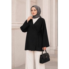 Uslular Siyah Kruvaze Yaka Yandan Bağlamalı Kimono Tunik