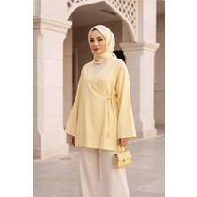 Uslular Sarı Kruvaze Yaka Yandan Bağlamalı Kimono Tunik