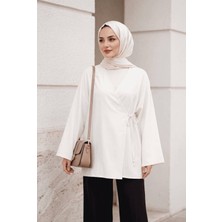 Uslular Ekru Kruvaze Yaka Yandan Bağlamalı Kimono Tunik