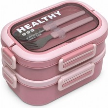 Meturas 1650 ml 2 Katlı 3 Bölmeli Paslanmaz Çelik Yemek Kabı, Çatal Kaşıklı  Lunch Box Beslenme Çantası