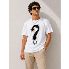 Hace Bazaar Erkek Kuğu Figürlü Soru Işareti Baskılı Tişört Kısa Kol T-Shirt - Beyaz
