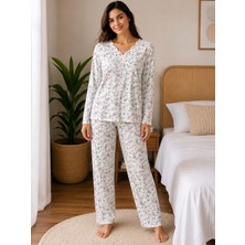 Balis Pijama Kadın Büyük Beden Kadın Çiçek Desenli Uzun Kollu Pijama Takımı Oyalı Yaka Detaylı Ev Giyimi Seti Battal Beden 2'li Model Penye Biye Süslemeli V Yaka Rahat Kesim Ev Giyim Çeyizlik Homewear