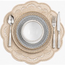 Evien Home Nakışlı Deri Amerikan Servis 2'li Set Çift Taraflı Yuvarlak Supla 43X43 cm Enzo Bej