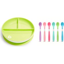 Munchkin Sabit Vakumlu Beslenme Tabağı | 6 Ay+, 3 Bölmeli Yeşil ve Yumuşak Uçlu 6'lı Renkli Bebek Kaşıkları 2li Set