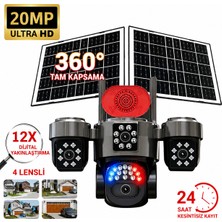 Qasul 4g Sım Kartlı Solar Güvenlik Kamerası 20MP 4 Lens 360° Ptz 12X Dijital Zoom Çift Güneş Panelli Gece Görüşlü