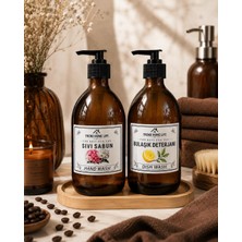Trend Home Life Bambu Ahşap Stantlı 2 Li Amber Cam Sabunluk & Bulaşık Deterjanı Şişesi 300 ml
