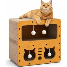 Kazan Hobi Kedi Tırmalama Evi - Ahşap Kedi Oyun Evi 45X28X51 cm - Çift Katlı Karton Tırmalama Tahtalı Uyku Yuvası - Peluş Top Oyuncaklı Evcil Hayvan Mobilyası - Kedi Villa Tasarım