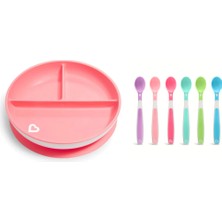 Munchkin Sabit Vakumlu Beslenme Tabağı | 6 Ay+, 3 Bölmeli Pembe ve Yumuşak Uçlu 6'lı Renkli Bebek Kaşıkları 2li Set