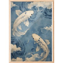 1001 Zestia Ahşap Çerçeveli Tablo, Koi Balıkları, Japon Dalgalar Arasında, Mavi Tonlar Poster No: 1