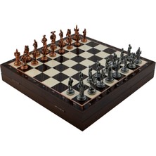 1001 Orta Boy Metal Ispanyol Satranç Takımı Antik ve Ceviz Desenli Sandıklı Mdf Tahtası (36X36X6 C