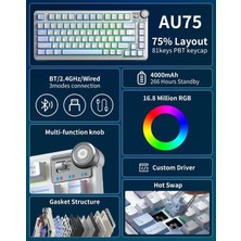 Aula AU75 3 Modlu Rgb Hot Swap Mekanik Tkl Star Vector Switch Kablosuz Makrolu Klavye Buz Mavisi
