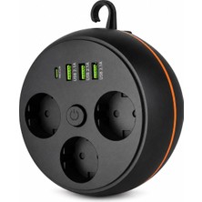1001 Askılı Model Akım Korumalı Makaralı Priz, 190CM Kablo, 3 Prizli 3 USB 1 Type-C 16A 4000W Termal