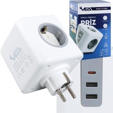 1001 Vea Akıllı Küp Priz 3'lü Topraklı Çoklu Priz, 2 USB Ve1 Type-C Hızlı Şarj, Akıllı Ic Tekn