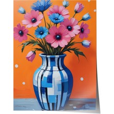 1001 Çerçevesiz Poster Mavi Vazo ve Canlı Çiçekler – Botanik Mutfak Dekoru Poster 100694, 21 x 30