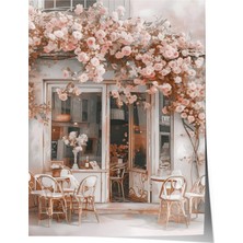1001 Premium Poster Çiçeklerle Sarılı Romantik Paris Kafe Sokak Manzarası Salon Dekoru, 30 x 40