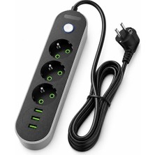 1001 3 USB Portlu 3’lü Topraklı Uzatma Priz 3 Metre Kablolu Açma Kapama Anahtarlı 2500W 10A 250V Ak