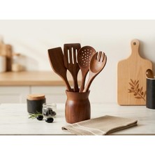 1001 Premium Akasya Ağacı Mutfak Gereçleri Seti - 4 Parça Kaşık/spatula Seti ve Şık Ahşap Tutucu
