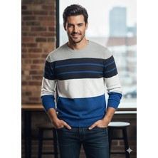 Vocens Erkek Çizgili Selanik Örgü Triko Kazak | Bisiklet Yaka Casual Stil