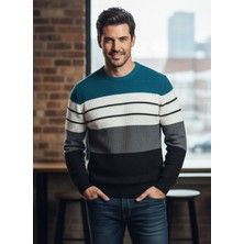 Vocens Erkek Çizgili Selanik Örgü Triko Kazak | Bisiklet Yaka Casual Stil