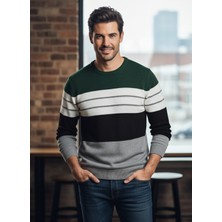 Vocens Erkek Çizgili Selanik Örgü Triko Kazak | Bisiklet Yaka Casual Stil