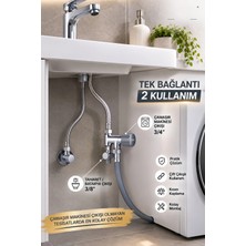 Cisa Çift Çıkışlı Ara Musluk 3/4" x 3/8" Çamaşır Makinesi ve Taharet Musluğu Bağlantısı Krom Hat Alma