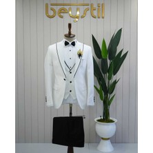 Beystil Sivri Yaka Beyaz Yelekli Damatlık & Smokin Takım Y75 - Slim Fit