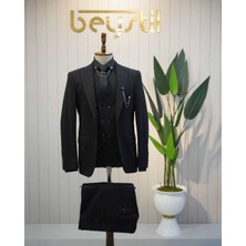 Beystil Sivri Yaka Siyah Yelekli Takım Elbise Elanor - Slim Fit