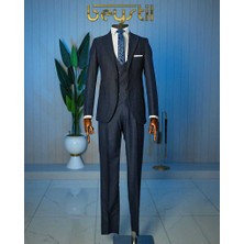Beystil Sivri Yaka Lacivert Yelekli Takım Elbise Bezayak- Slim Fit