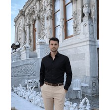 Beystil Slim Fit Siyah Saten Gömlek