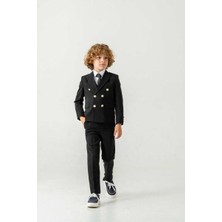Beystil Sivri Yaka Siyah Çocuk Kruvaze Takım Elbise Set -Slim Fit