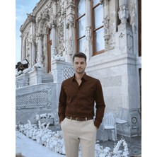Beystil Slim Fit Kahve Saten Gömlek