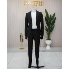 Beystil Sivri Yaka Siyah Spor Casual Jogger Takım Gofre- Slim Fit