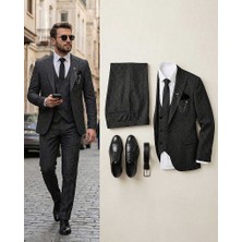 Beystil Sivri Yaka Siyah Yelekli Kırçıllı Takım Elbise Storm- Slim Fit