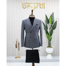 Beystil Sivri Yaka Lacivert Çizgili Kruvaze Ceket 52731 - Slim Fit