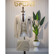 Beystil Sivri Yaka Krem Yelekli Takım Elbise Elanor- Slim Fit