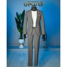 Beystil Sivri Yaka Gri Spor Casual Jogger Takım Gofre - Slim Fit