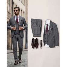 Beystil Sivri Yaka Gri Yelekli Kırçıllı Takım Elbise Storm- Slim Fit