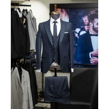 Beystil Sivri Yaka Lacivert Yelekli Takım Elbise Nikol - Slim Fit