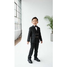 Beystil Sivri Yaka Siyah Çizgili Çocuk Kruvaze Elbise - Slim Fit