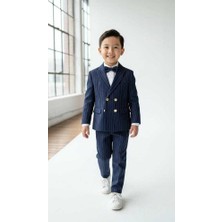 Beystil Sivri Yaka Lacivert Çizgili Çocuk Kruvaze Elbise - Slim Fit